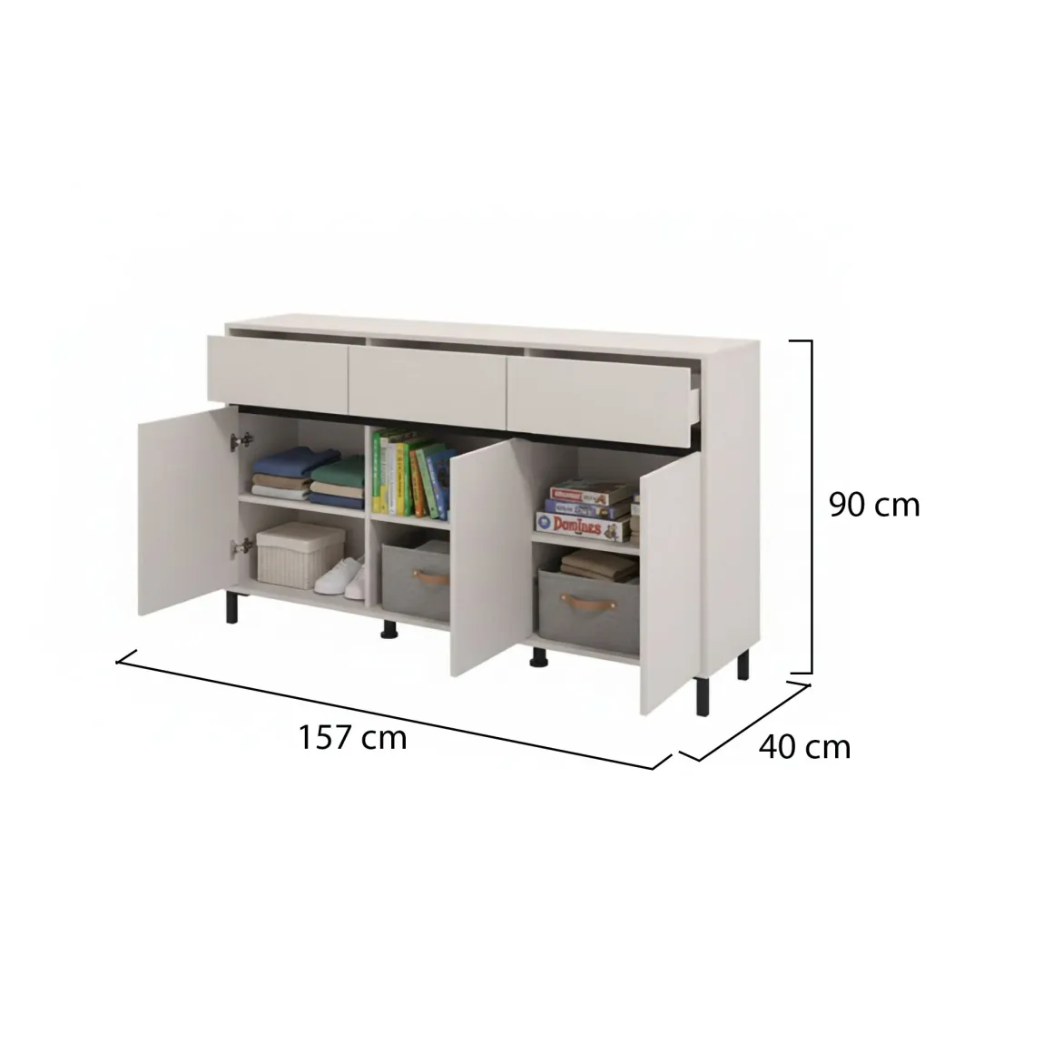 Credenza Bianco Crema Nero 3 Cassetti 3 Ripiani 157x40x90h cm, Apertura Battente e Scorrevole - Giarre