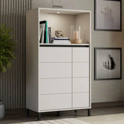 Credenze > Dmora Credenza Bianco Crema Nero 2 Ripiani 3 Vani 74x40x135h cm, 2 Ante - Cosoleto Nero, Bianco Crema