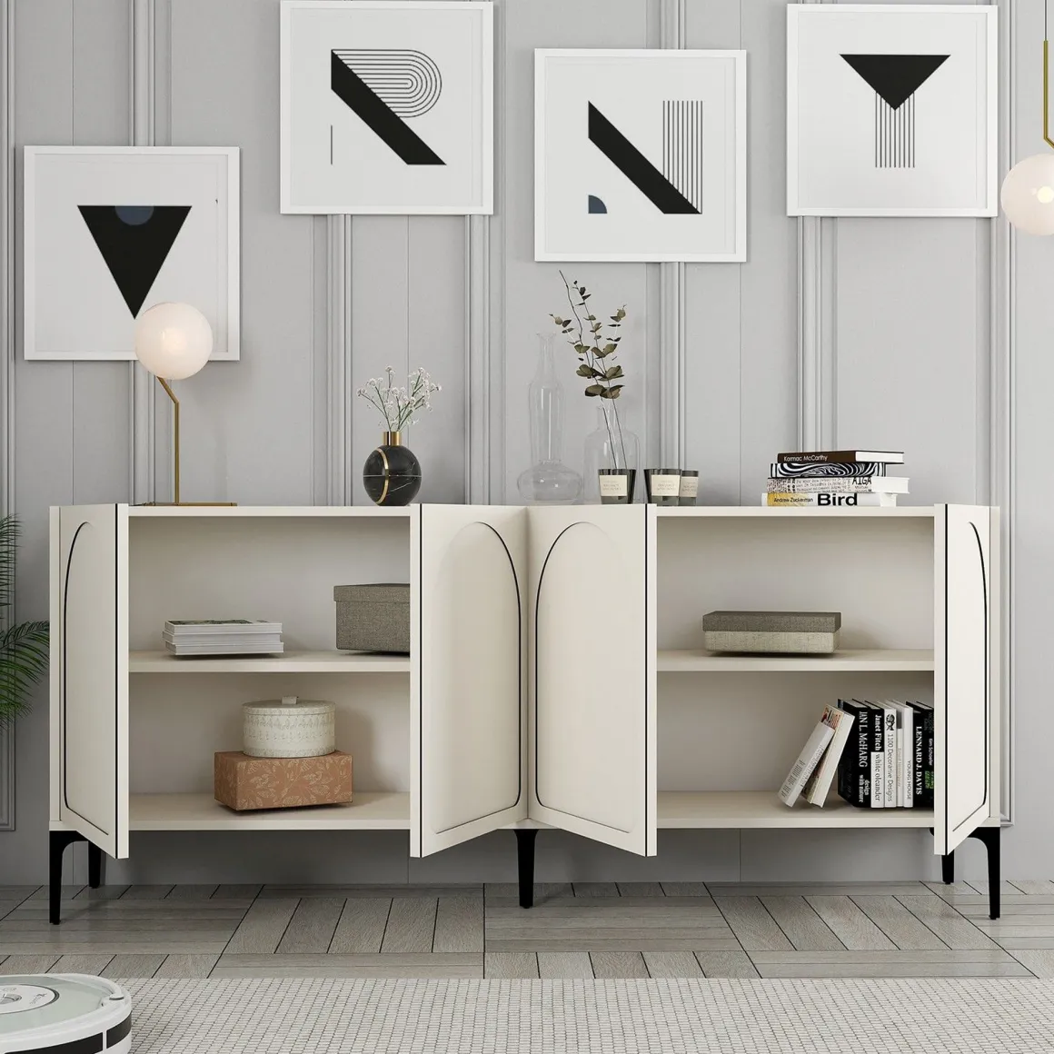 Credenza Bianco Crema Nero 2 Ripiani 4 Vani 180x35x79h cm, 4 Ante - Torno