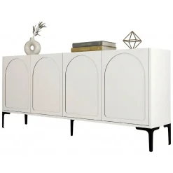 Credenza Bianco Crema Nero 2 Ripiani 4 Vani 180x35x79h cm, 4 Ante - Torno
