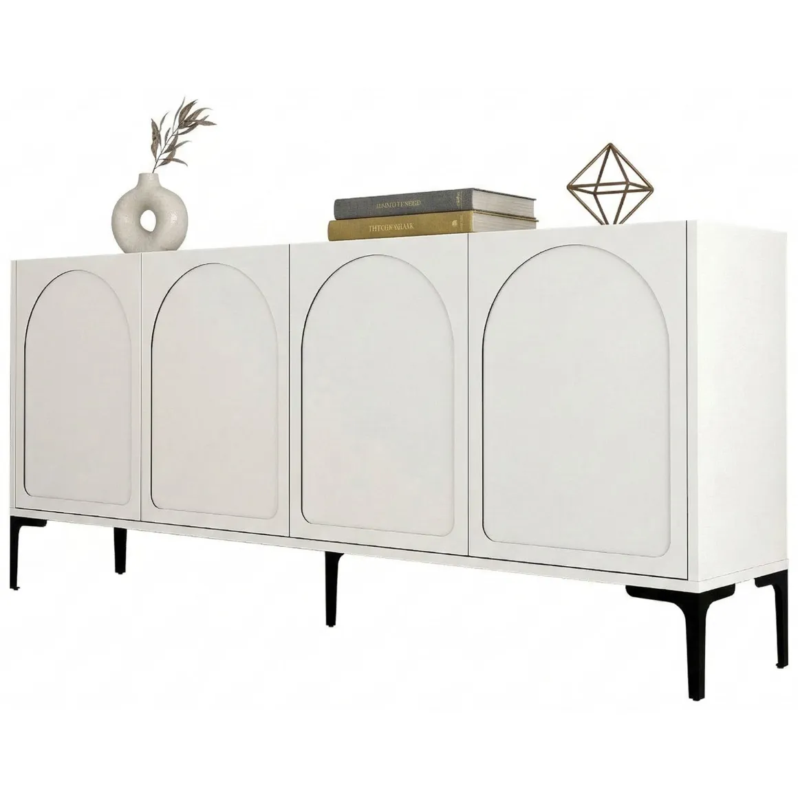Credenza Bianco Crema Nero 2 Ripiani 4 Vani 180x35x79h cm, 4 Ante - Torno