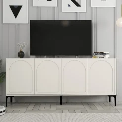 Credenza Bianco Crema Nero 2 Ripiani 4 Vani 180x35x79h cm, 4 Ante - Torno