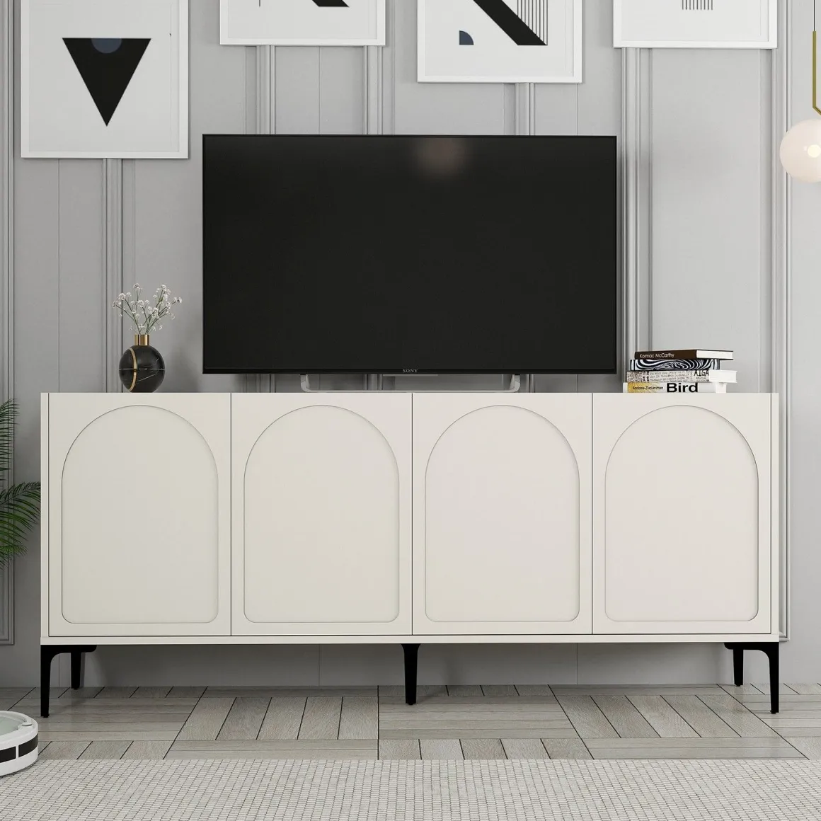 Credenza Bianco Crema Nero 2 Ripiani 4 Vani 180x35x79h cm, 4 Ante - Torno