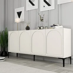 Credenza Bianco Crema Nero 2 Ripiani 4 Vani 180x35x79h cm, 4 Ante - Torno