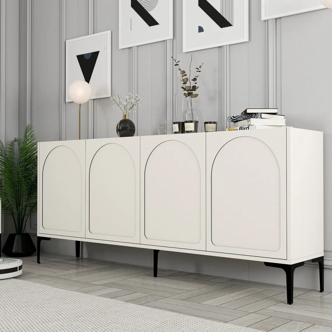 Credenza Bianco Crema Nero 2 Ripiani 4 Vani 180x35x79h cm, 4 Ante - Torno