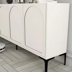 Credenza Bianco Crema Nero 2 Ripiani 4 Vani 180x35x79h cm, 4 Ante - Torno