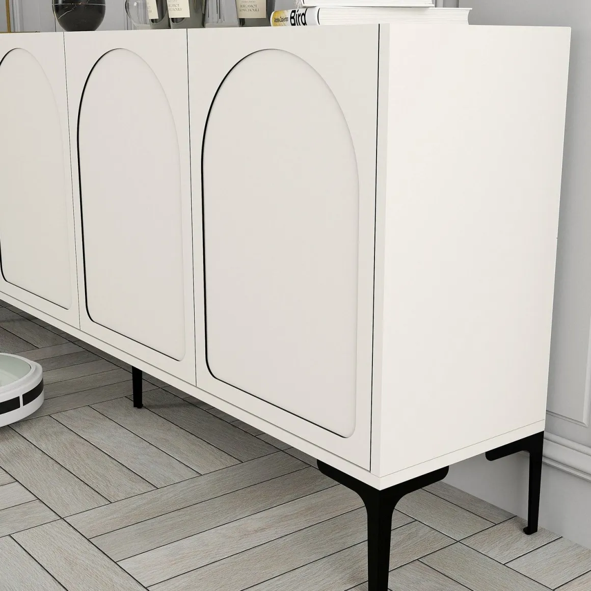 Credenza Bianco Crema Nero 2 Ripiani 4 Vani 180x35x79h cm, 4 Ante - Torno