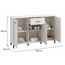 Credenza Bianco Crema Nero un Cassetto 3 Ripiani 138x40x90h cm, Apertura Battente e Scorrevole - Laerru