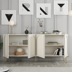 Credenza Bianco Crema oro 2 Ripiani 4 Vani 180x35x80h cm, 4 Ante - Torno