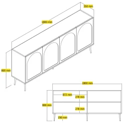 Credenza Bianco Crema oro 2 Ripiani 4 Vani 180x35x80h cm, 4 Ante - Torno