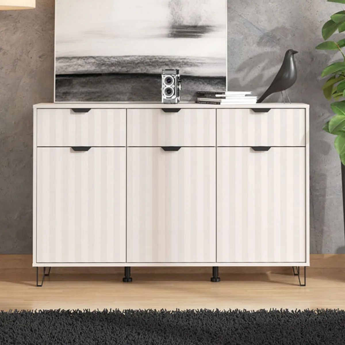 Credenze > Dmora Credenza 3 Ripiani 3 Cassetti 138x40x90.5h cm, 6 Vani - Paglieta Bianco Crema
