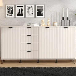 Credenza Bianco Crema 3 Ripiani 4 Cassetti 182.5x40x90.5h cm, 6 Vani - Paglieta