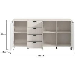 Credenza Bianco Crema 3 Ripiani 4 Cassetti 182.5x40x90.5h cm, 6 Vani - Paglieta
