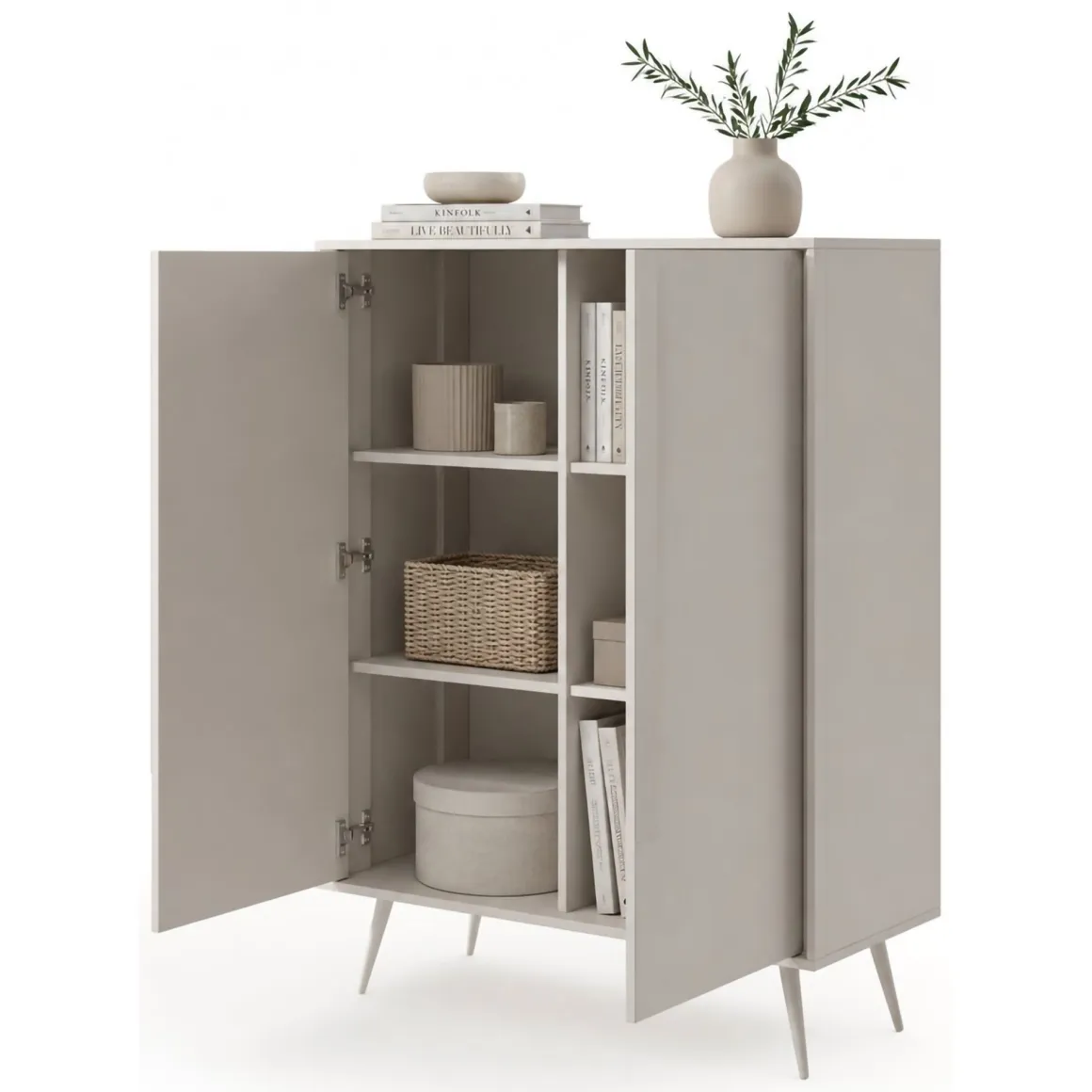 Credenza Bianco Crema 4 Ripiani con Piedini 97x40x126h cm, 6 Vani - Harenoma