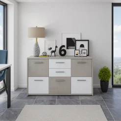 Madie|Credenze > Dmora Credenza Bianco Grigio Cemento 2 Cassetti Ripiani 114x33x78h cm, Apertura - Pineto Grigio Cemento, Bianco