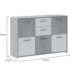 Madie|Credenze > Dmora Credenza Bianco Grigio Cemento 2 Cassetti Ripiani 114x33x78h cm, Apertura - Pineto Grigio Cemento, Bianco