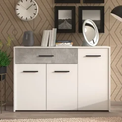 Credenza Bianco Grigio Cemento un Cassetto 2 Ripiani 119x33x80.5h cm, Apertura Battente e Scorrevole - Sanza