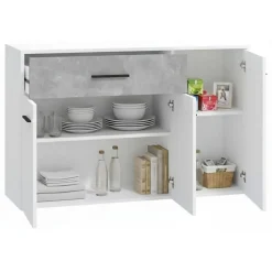 Credenza Bianco Grigio Cemento un Cassetto 2 Ripiani 119x33x80.5h cm, Apertura Battente e Scorrevole - Sanza