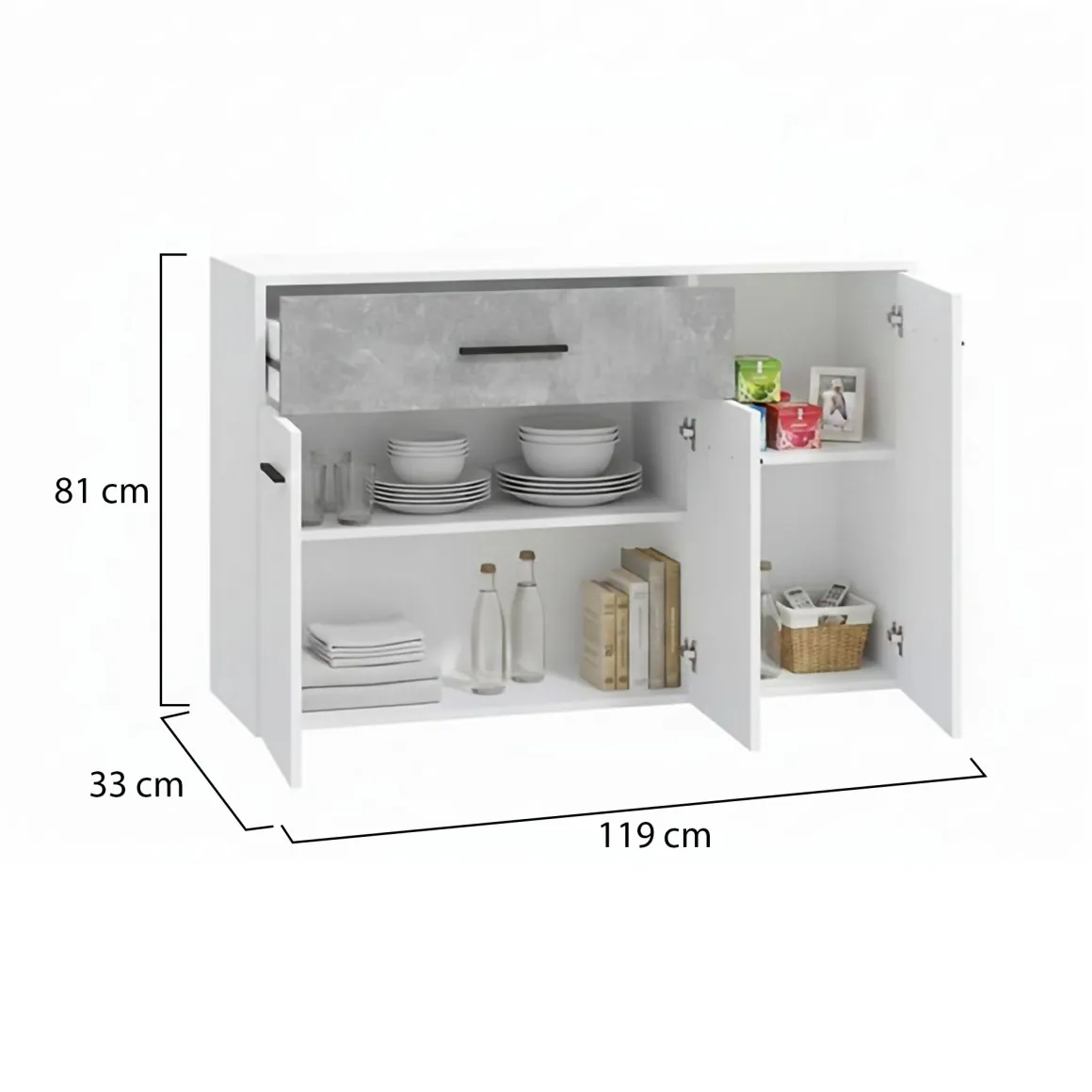 Credenza Bianco Grigio Cemento un Cassetto 2 Ripiani 119x33x80.5h cm, Apertura Battente e Scorrevole - Sanza