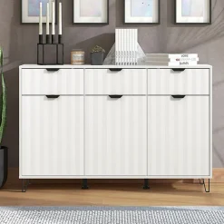 Madie|Credenze > Dmora Credenza Bianco Grigio Chiaro 3 Ripiani 4 Cassetti 182.5x40x90.5h cm, 3 Ante - Paglieta Grigio, Bianco Chiaro