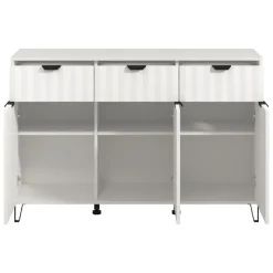 Madie|Credenze > Dmora Credenza Bianco Grigio Chiaro 3 Ripiani 4 Cassetti 182.5x40x90.5h cm, 3 Ante - Paglieta Grigio, Bianco Chiaro