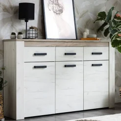 Credenza Bianco Larice Marrone Rovere 3 Ripiani 3 Cassetti 160x36.5x98h cm, 3 Ante - Scena