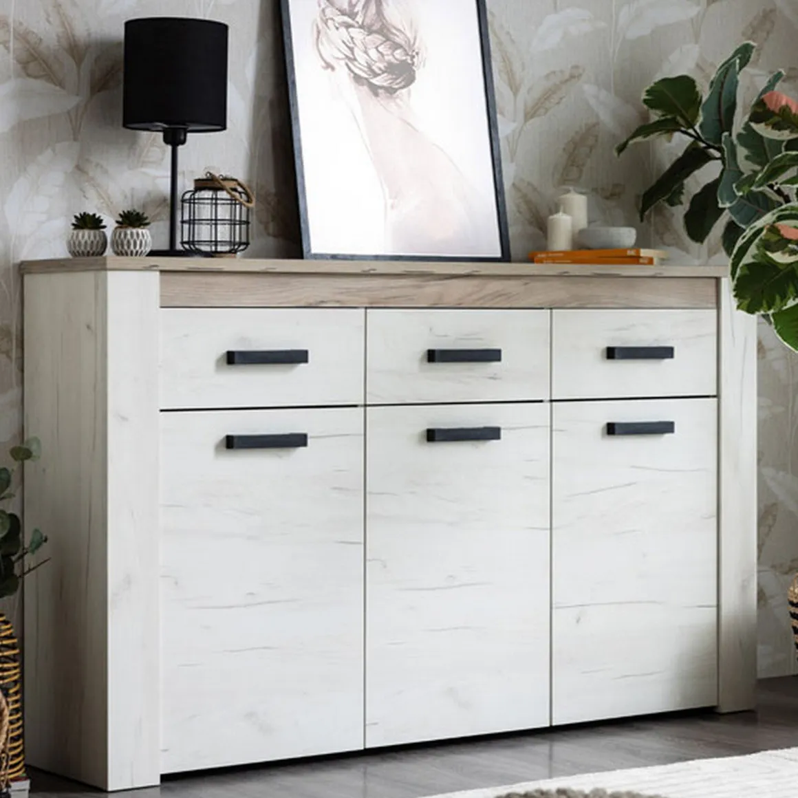 Credenza Bianco Larice Marrone Rovere 3 Ripiani 3 Cassetti 160x36.5x98h cm, 3 Ante - Scena