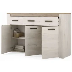 Credenza Bianco Larice Marrone Rovere 3 Ripiani 3 Cassetti 160x36.5x98h cm, 3 Ante - Scena