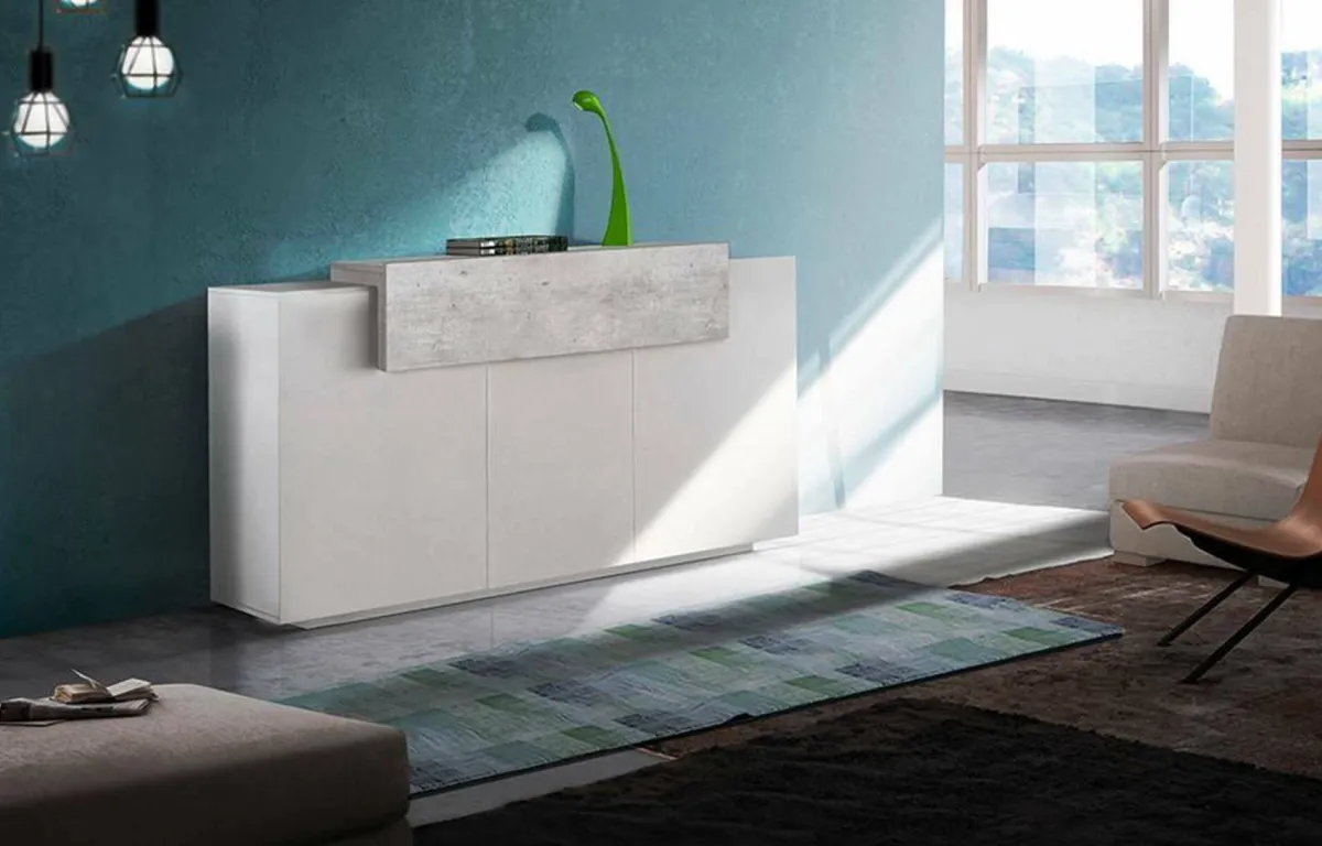 Cucina|Salotto > Dmora Credenza bianco lucida,cemento 160x45x85h cm 4 ante - Aschly Grigio Cemento, Bianco Lucido