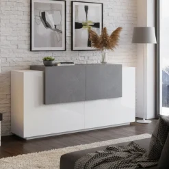 Madie|Credenze > Dmora Credenza bianco lucida,cemento 184x42x86h cm 2 ante e 2 cassetti - Antina Grigio Cemento, Bianco Lucido