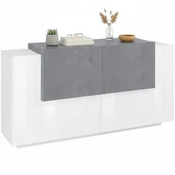 Madie|Credenze > Dmora Credenza bianco lucida,cemento 184x42x86h cm 2 ante e 2 cassetti - Antina Grigio Cemento, Bianco Lucido