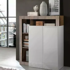 Madie|Credenze > Dmora Credenza bianco lucida e acacia 108x42x127h cm 2 ante - Smeraldo Marrone Acacia, Bianco Lucido