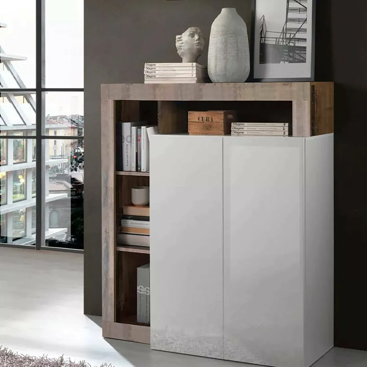 Madie|Credenze > Dmora Credenza bianco lucida e acacia 108x42x127h cm 2 ante - Smeraldo Marrone Acacia, Bianco Lucido