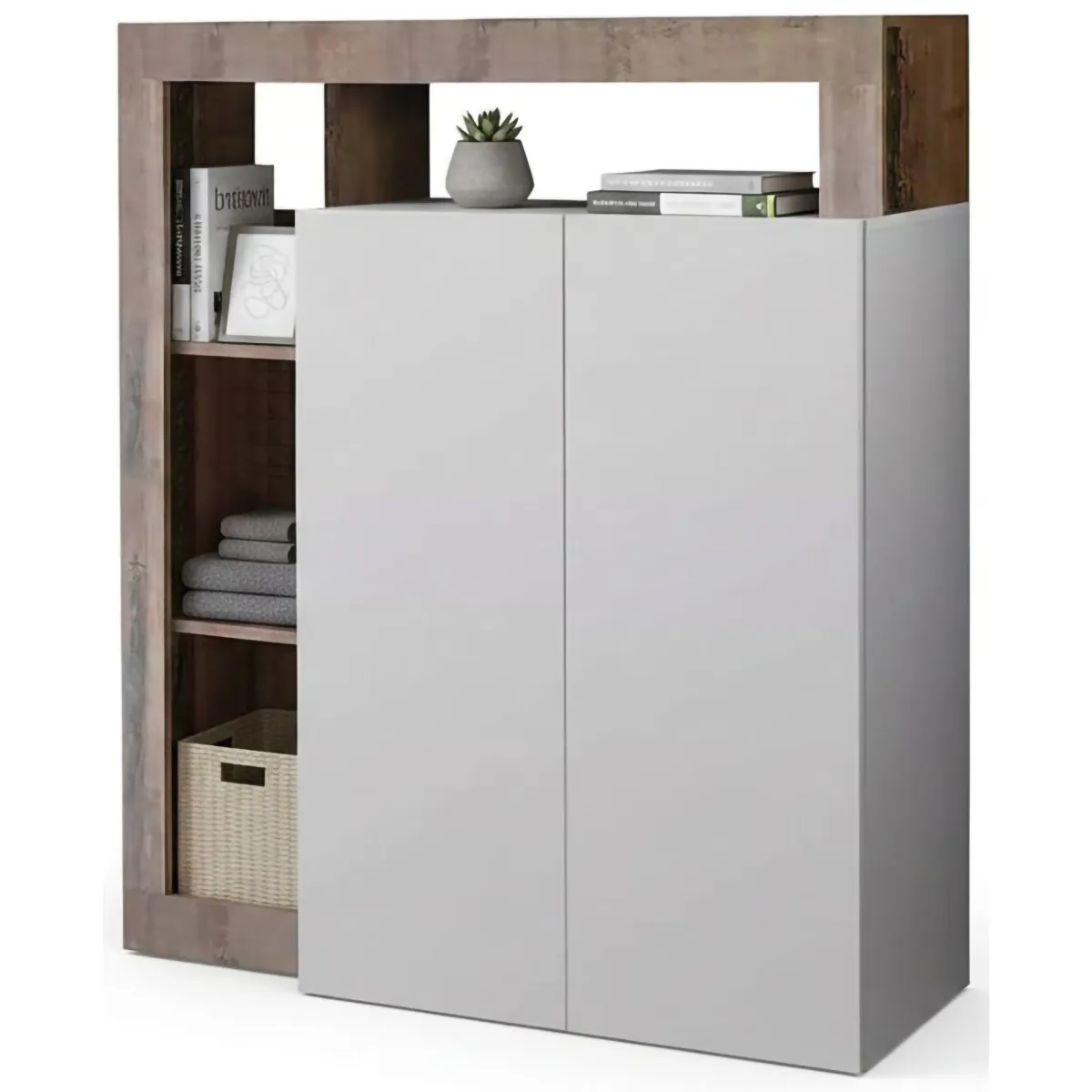 Madie|Credenze > Dmora Credenza bianco lucida e acacia 108x42x127h cm 2 ante - Smeraldo Marrone Acacia, Bianco Lucido