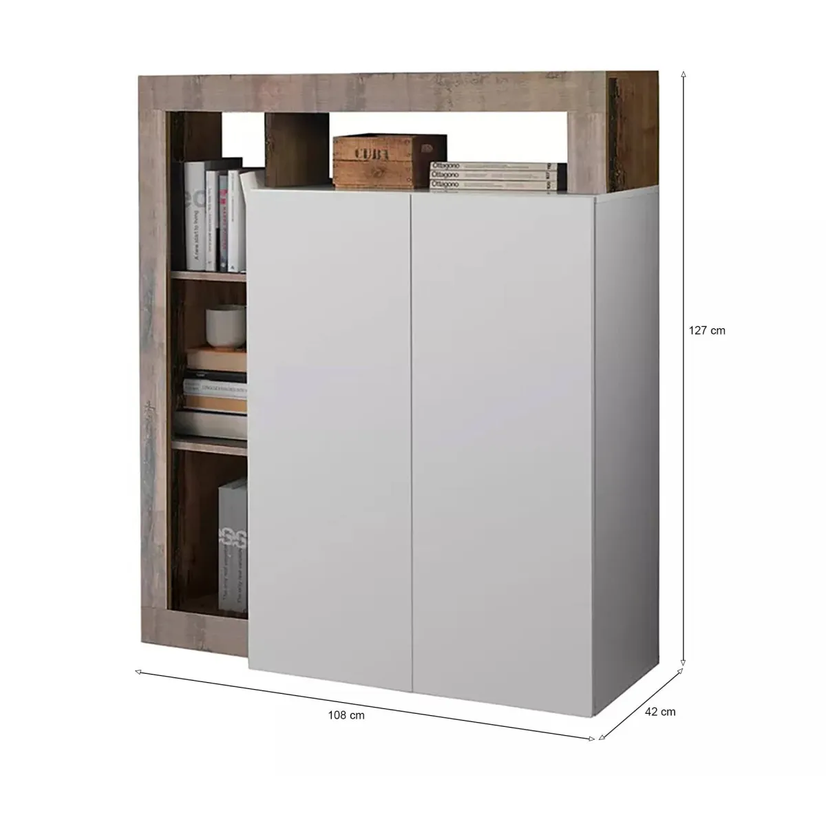Madie|Credenze > Dmora Credenza bianco lucida e acacia 108x42x127h cm 2 ante - Smeraldo Marrone Acacia, Bianco Lucido