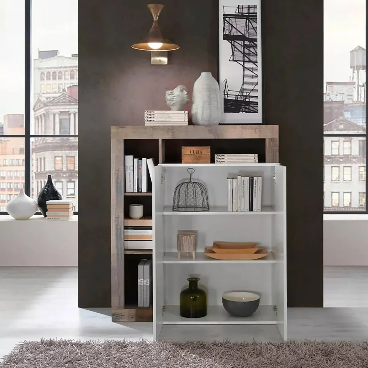 Madie|Credenze > Dmora Credenza bianco lucida e acacia 108x42x127h cm 2 ante - Smeraldo Marrone Acacia, Bianco Lucido