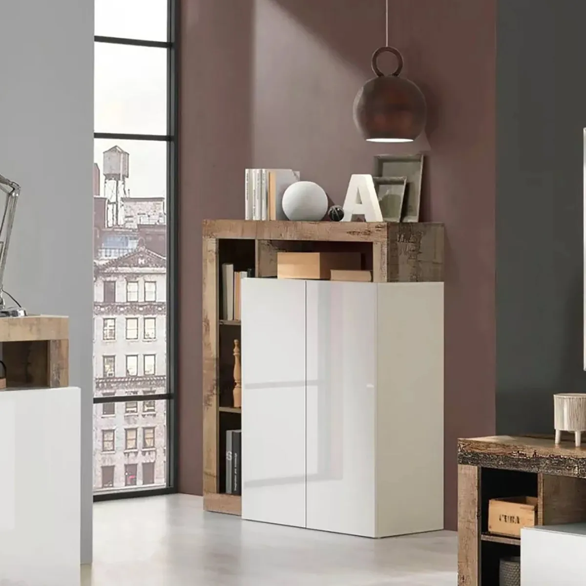 Madie|Credenze > Dmora Credenza bianco lucida e acacia 108x42x127h cm 2 ante - Smeraldo Marrone Acacia, Bianco Lucido