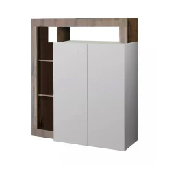 Madie|Credenze > Dmora Credenza bianco lucida e acacia 108x42x127h cm 2 ante - Smeraldo Marrone Acacia, Bianco Lucido