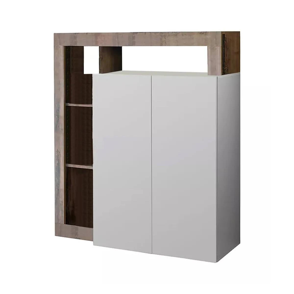 Madie|Credenze > Dmora Credenza bianco lucida e acacia 108x42x127h cm 2 ante - Smeraldo Marrone Acacia, Bianco Lucido