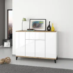 Credenza bianco lucida e acero 120x40x82h cm 3 ante e 1 cassetto - Albatross