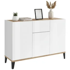 Credenza bianco lucida e acero 120x40x82h cm 3 ante e 1 cassetto - Albatross
