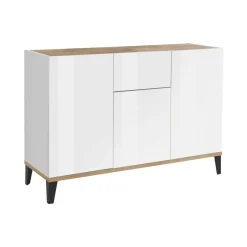 Cucina|Salotto > Dmora Credenza bianco lucida e acero 130x45x100h cm 6 ante - Age Marrone Acero, Bianco Lucido