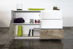 Cucina|Salotto > Dmora Credenza bianco lucida e acero 141x43x86h cm 2 ante e 3 cassetti - All Marrone Acero, Bianco Lucido