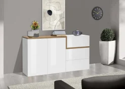 Credenza bianco lucida e acero 150x40x80h cm 2 ante e 3 cassetti - Asgard