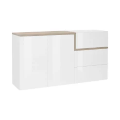 Credenza bianco lucida e acero 150x40x80h cm 2 ante e 3 cassetti - Asgard
