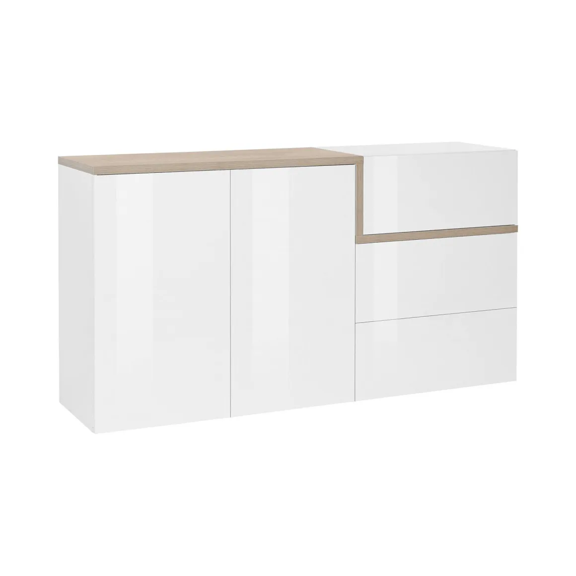 Credenza bianco lucida e acero 150x40x80h cm 2 ante e 3 cassetti - Asgard