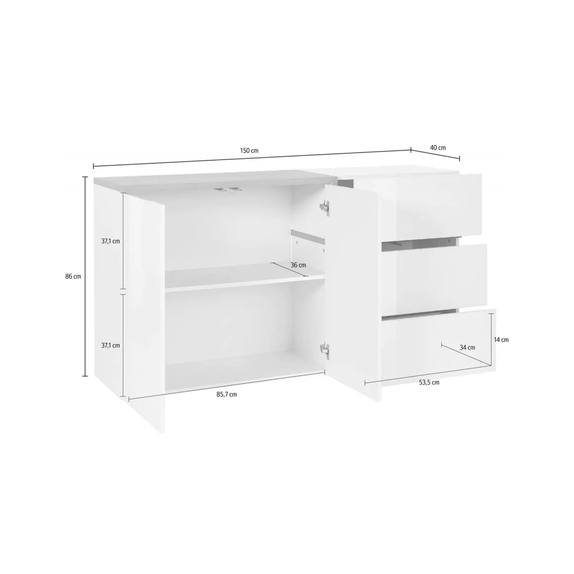Credenza bianco lucida e acero 150x40x80h cm 2 ante e 3 cassetti - Asgard