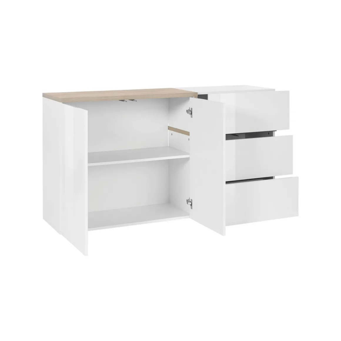 Credenza bianco lucida e acero 150x40x80h cm 2 ante e 3 cassetti - Asgard
