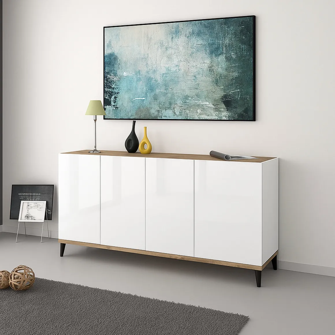 Credenza bianco lucida e acero 160x40x82h cm 4 ante - Ashley