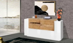 Credenza bianco lucida e acero 160x45x86h cm 2 ante e 4 cassetti - Ashi